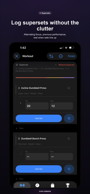 Logging a superset with alternating focus and previous performance.