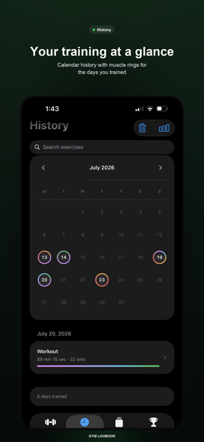 Calendar workout history with muscle rings on the days you trained.