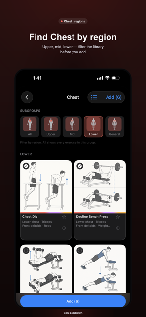 Exercise library filtered to chest by region — upper, mid and lower.